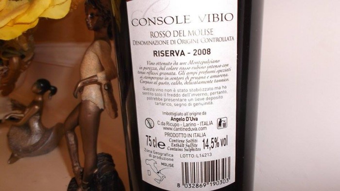 Controetichetta Console Vibio Rosso del Molise Riserva Doc 2008 Angelo D'Uva
