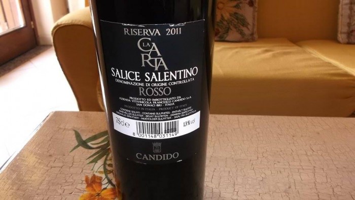 Controetichetta La Carta Salice Salentino Rosso Riserva  Doc 2011 Candido