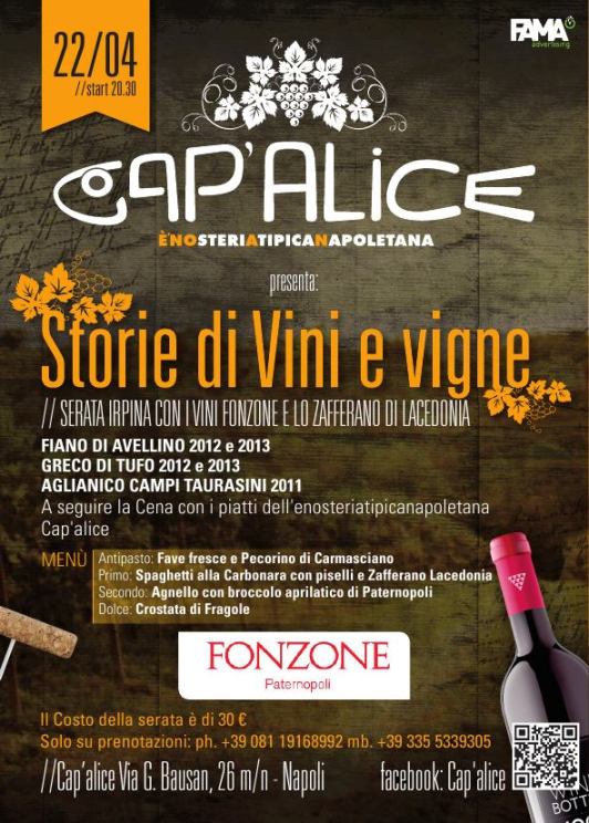 Serata irpina a Cap’alice con i vini Fonzone e lo zafferano di Lacedonia