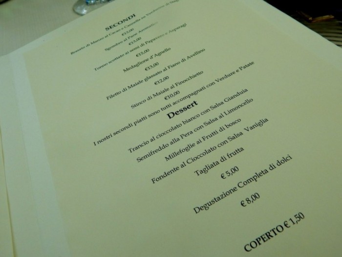 Il Vecchio Mulino, il menù