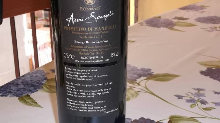 Controetichetta Acini Spargoli  Primitivo di Manduria Dop 2011 Antico Palmento