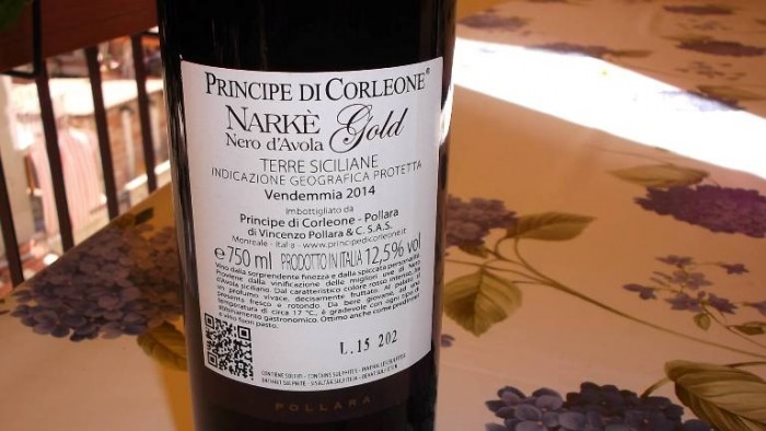Controetichetta Nero d'Avola Narké Gold Terre Siciliane 2014 Igp Prinicipe di Corleone