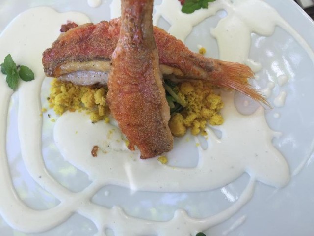 Villa Chiara Orto e Cucina, triglie scottate legermente con salsa di ricotta, ricci di mare zucchine e alghe