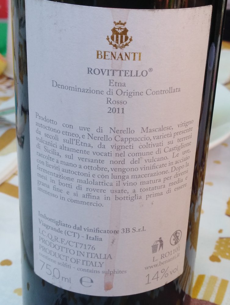 Controetichetta Rovittello Etna Rosso Doc 2011 Benanti