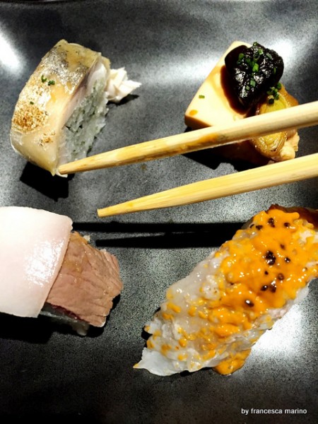 Assaggi di autore. Kobe e lardo di Patanegra, Nigiri di aragosta, sgombro marinato, arani di tonno bianco