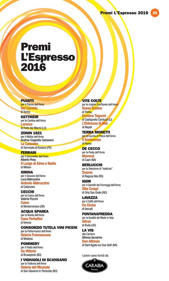 Guida I Ristoranti d’Italia de L’Espresso 2016, i Premi 