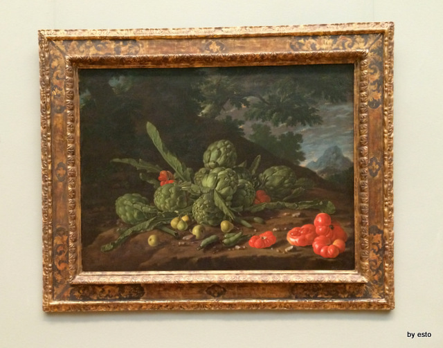 Luis Meléndez Naples 1716 - Madrid 1780, Still Life of artichokes and tomatoes in a landscape.