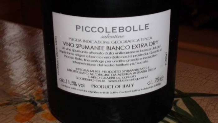 Controetichetta Piccolebolle salentine Vino Spumante Bianco Extra Dry Duca Carlo Guarini