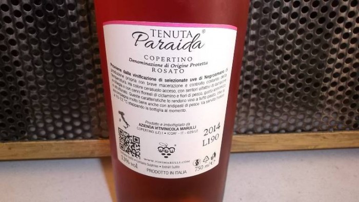 Controetichetta Tenuta Paraida Rosato Copertino Dop 2014 Marulli