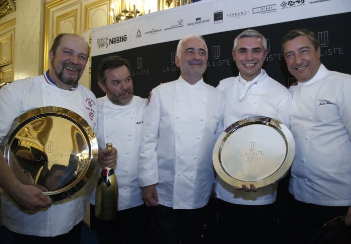 Gilles Goujon of the restaurant L'Auberge du Vieux Puits in Fontjoncouse, France, Michel Troisgros of the restaurant La Maison Troisgros in Roanne, France, French Swiss Chef Guy de Savoy of the restaurant Guy de Savoy Paris, France, winner French Swiss Chef Benoit Violier of the restaurant Hotel de Ville in Crissier, Switzerland, and Spanish Chef Joan Roca of the restaurant El Celler de Can Roca