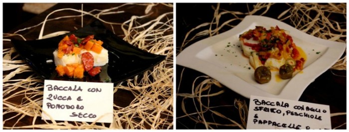 Osteria del Baccalà a Frosinone, baccalà con zucca e pomodoro secco – con aglio sfritto, peschiole e papaccelle