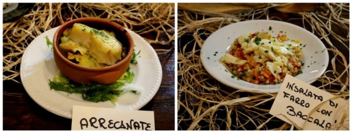 Osteria del Baccalà a Frosinone, baccalà in versione arrecanato al tegamino – con insalata di farro