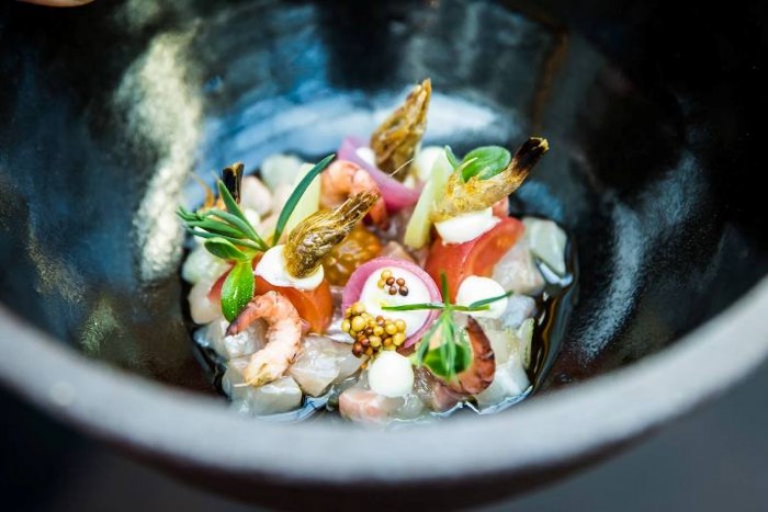 Trota di ruscello, lardo “Joselito”, pomodori, gamberi