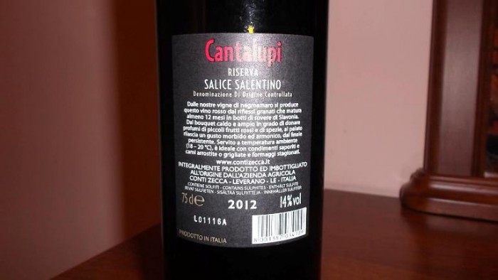 Controetichetta Cantalupi Salice Salentino Doc Riserva 2012 Conti Zecca