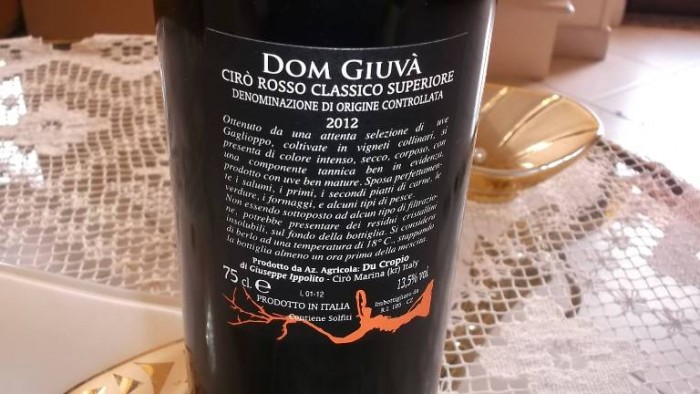 Controetichetta Dom Giuvà Cirò Rosso Classico Superiore Doc 2012 Du Cropio