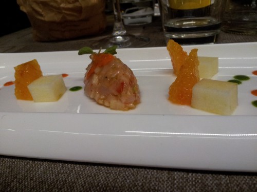 Tartare di gamberi Peppe Barone Fattoria delle Torri