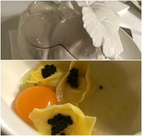  Indaco, consomme di zucca lunga di Napoli e tortellini ripieni di provolone del monaco