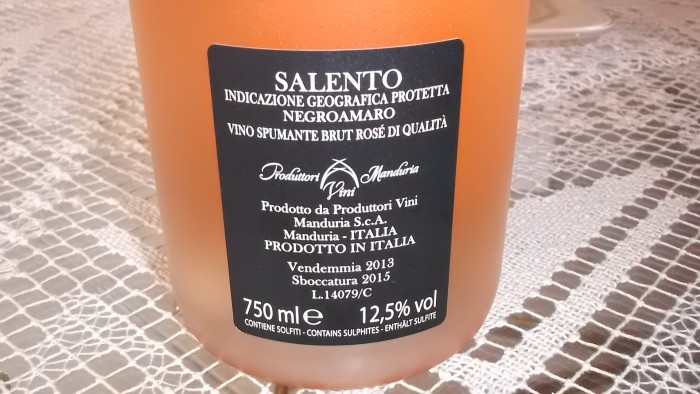Controetichetta Leggiadro Brut Rose Metodo Classico Millesimato 2013 Negroamaro Salento Igp Produttori Vini Manduria
