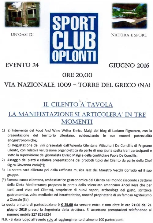 Il Cilento in Tavola allo Sport Club Oplonti di Torre del Greco