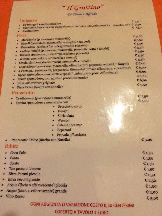 Il Grottino, il Menu