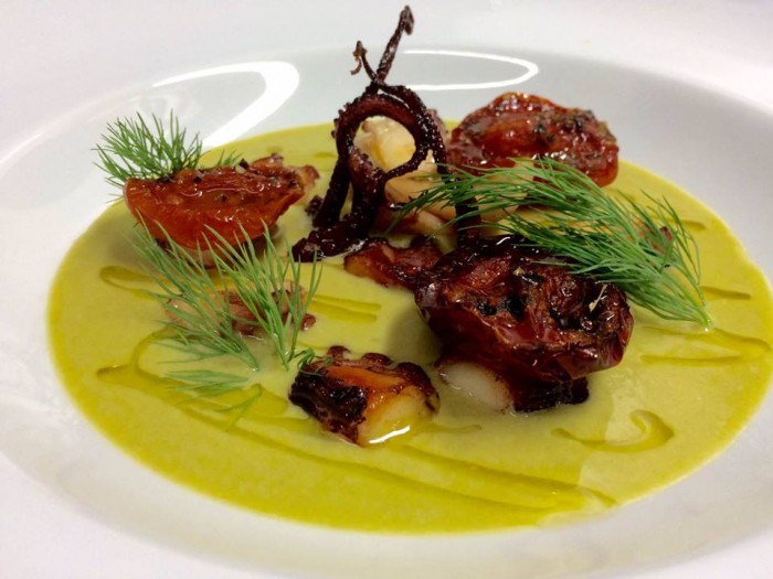 MAESTRO DEL GUSTO- Polpo scottato su crema di piselli, colatura di provola di bufala e pomodorino confit