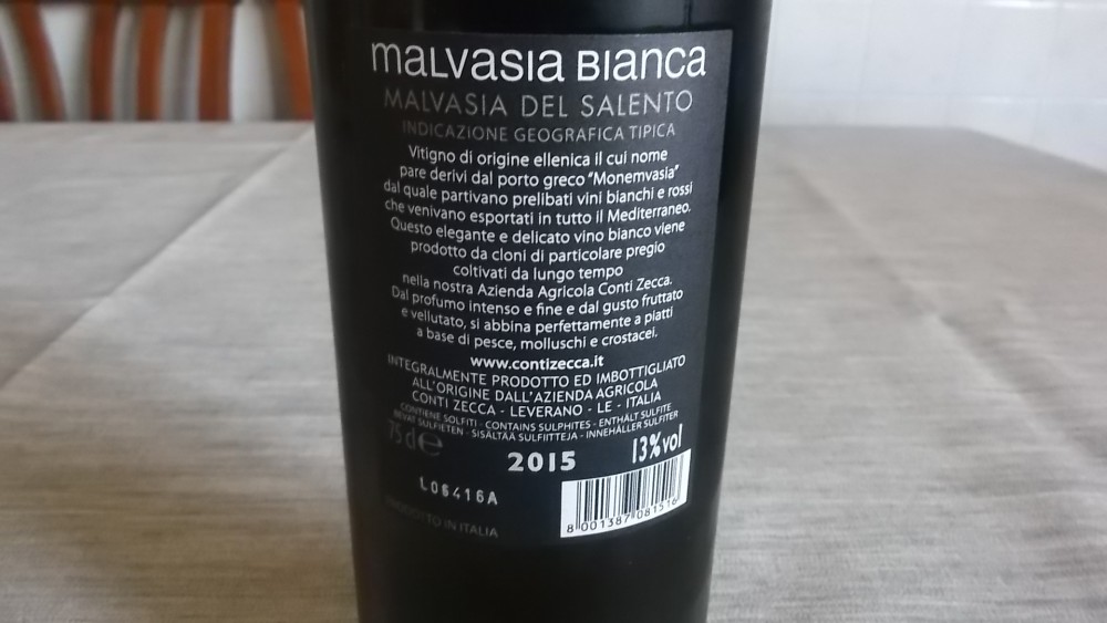 Controetichetta Malvasia Bianca del Salento Igt 2015 Conti Zecca