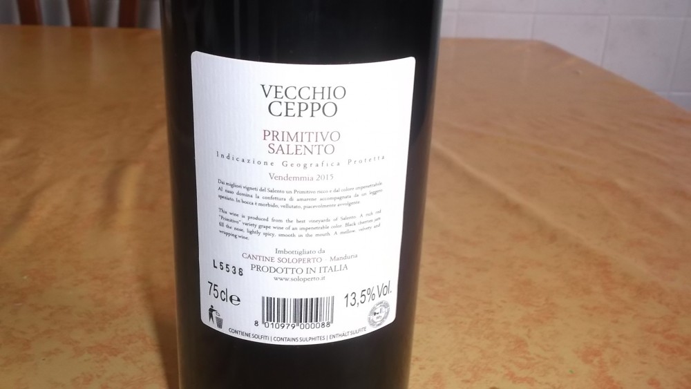 Controetichetta Vecchio Ceppo Primitivo Salento igp 2015 Cantine Soloperto