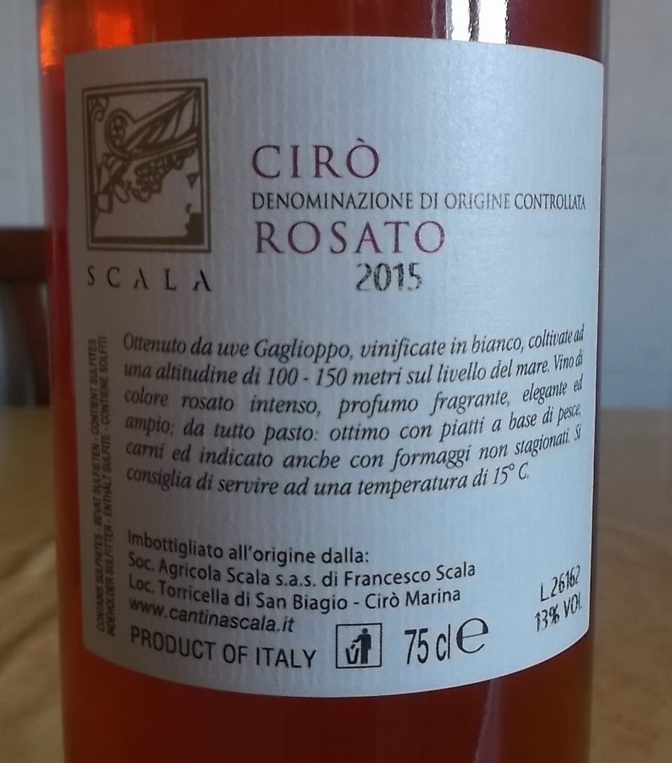 Controetichetta Ciro' Rosato Doc 2015 Cantina Scala vincitore a Radici del Sud 2016 