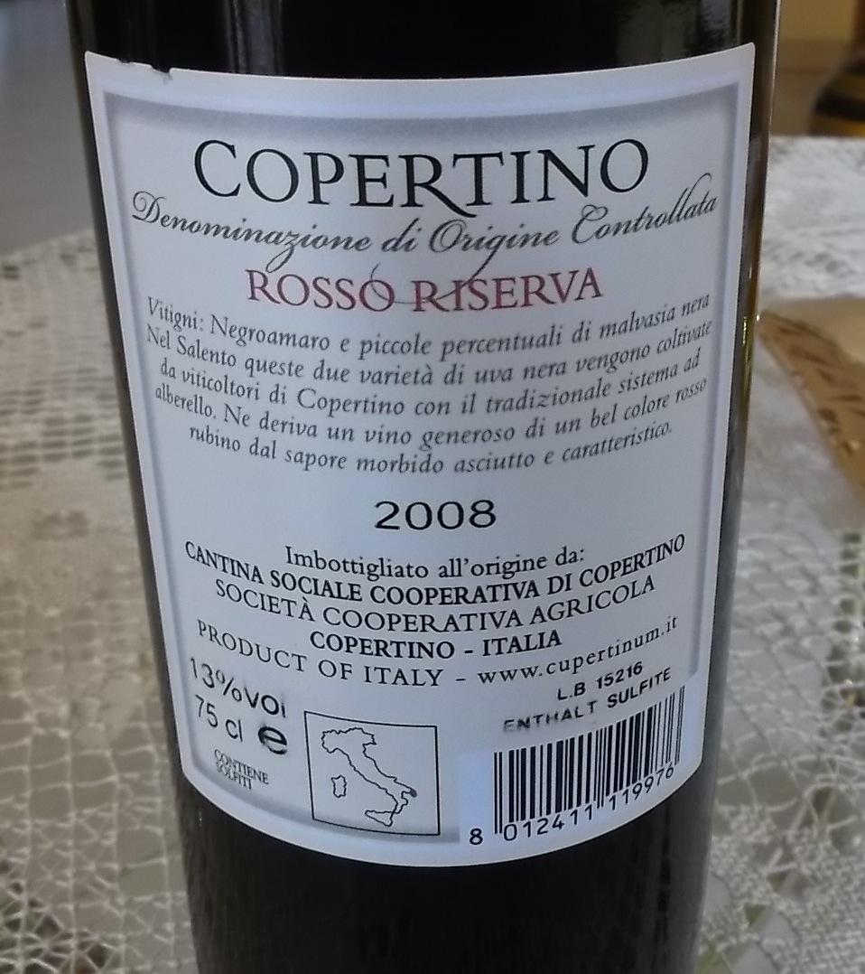 Controetichetta Copertino Rosso Riserva Doc 2008 Cupertinum