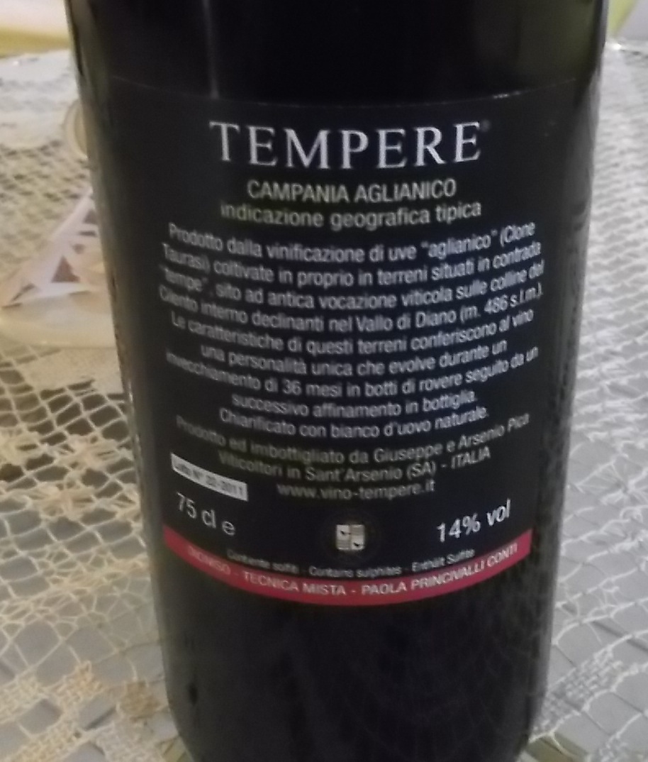 Controetichetta Tempere Campania Aglianico Igt 2011 Azienda Pica