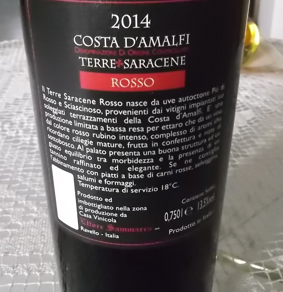 Controetichetta Costa d'Amalfi Terre Saracene Rosso Doc 2014 Ettore Sammarco