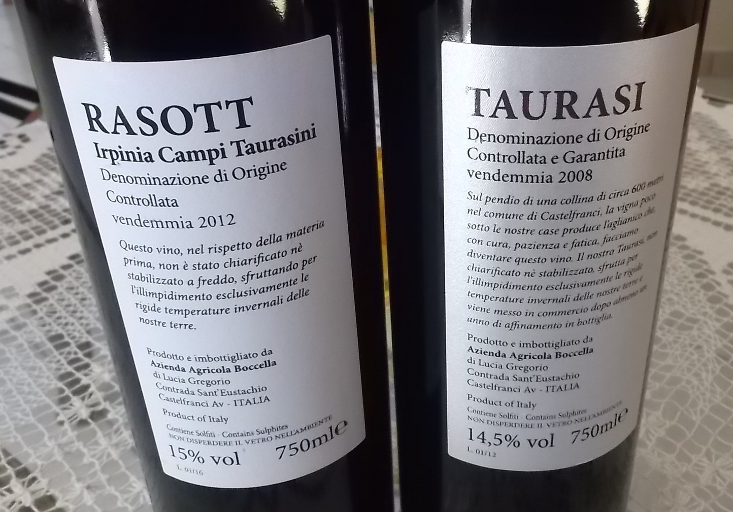 Controetichetta Rasott Irpinia Campi Taurasini Doc 2012 e Taurasi Sant'Eistachio Docg 2008 Boccella