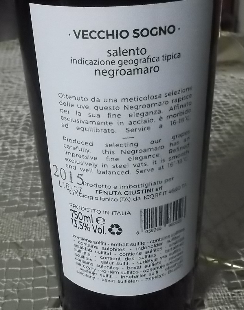 Controetichetta Vecchio Sogno Negroamaro Salento Igt Vincitore a Radici del Sud 2016