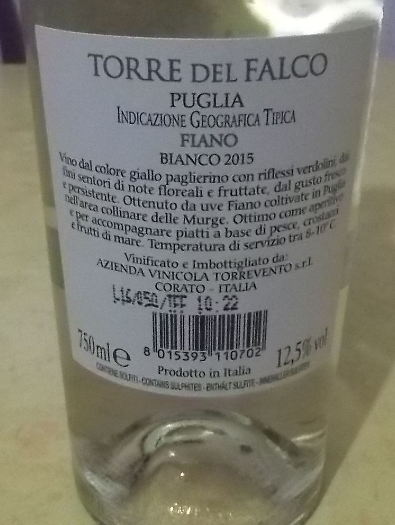 Controetichetta Torre del Falco Fiano Puglia Igt Bianco 2015 Torrevento