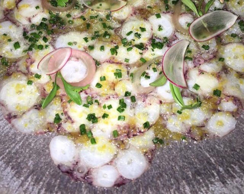 Sexy fish, octopus carpaccio, lime and ginger vinaigrette and pickled shallot