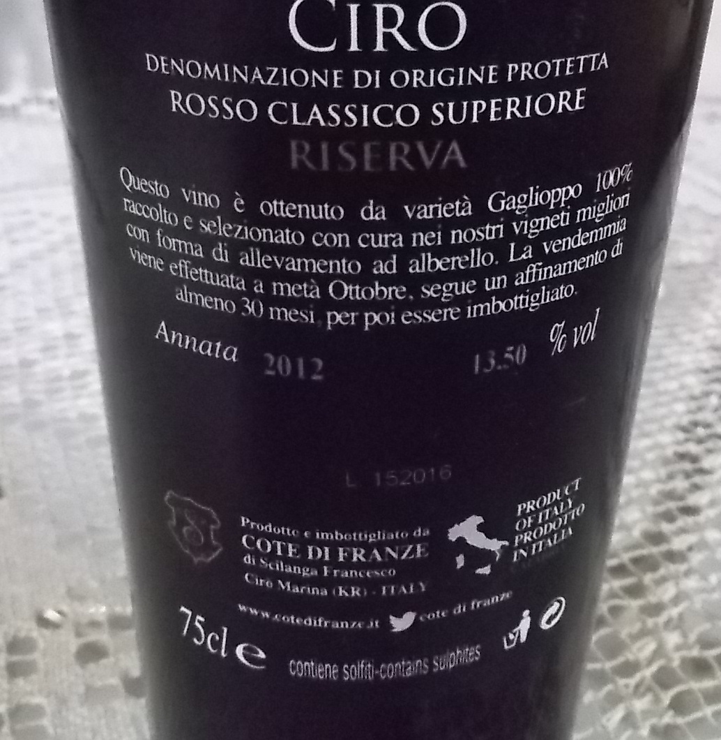 Controetichetta Ciro' Riserva Rosso Classico Superiore Doc 2012 Cote di Franze