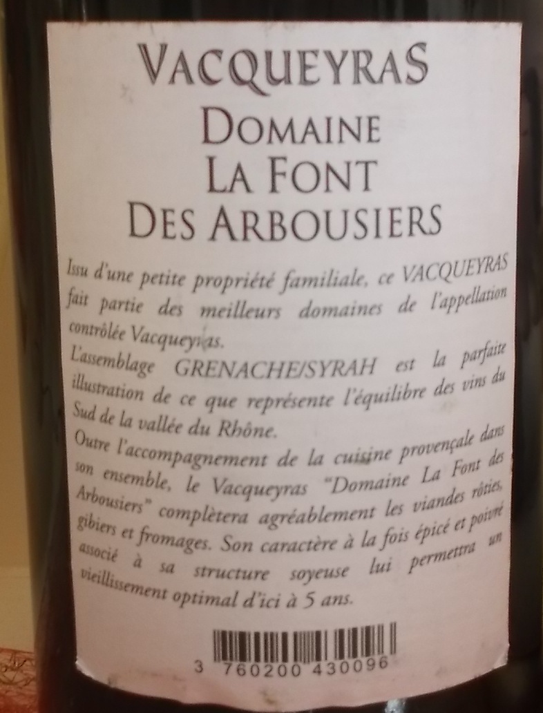 Controetichetta Vacqueyras Aop 2010 Domaine La Font des Arbousiers