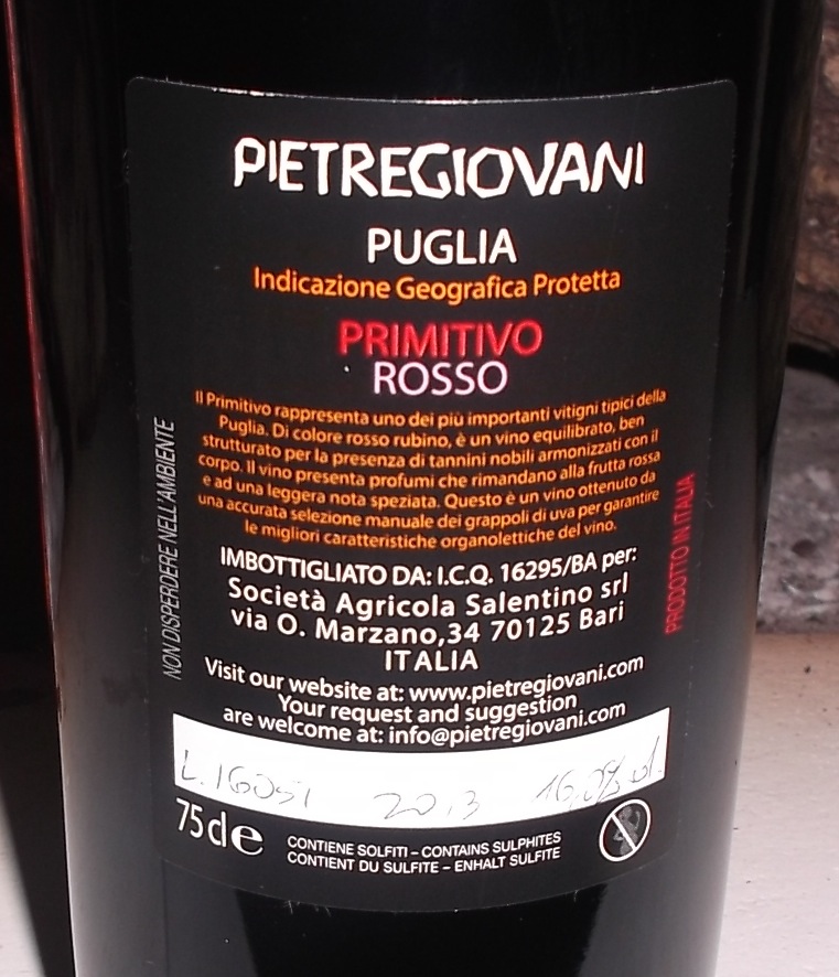 Conttoetichetta Primitivo Rosso Puglia IGP 2013 Pietregiovani