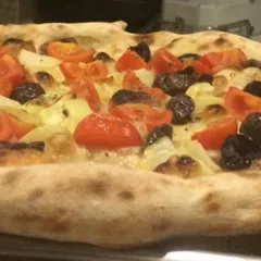 Tonda, pizza in uscita dal forno a legna