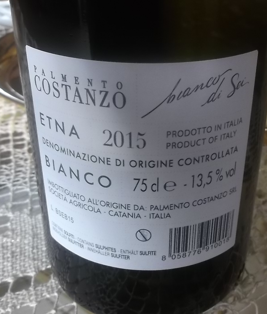 Controetichetta Bianco di Sei Etna bianco Doc 2015 Palmento Costanzo