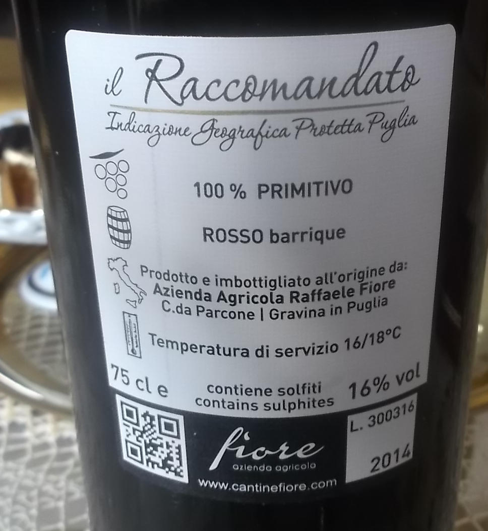 Controetichetta Il Raccomandato Primitivo Barrique Puglia Igp 2014 Azienda Fiore