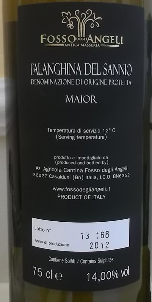 Controetichetta Falanghina del Sannio Maior Dop 2012 Fosso degli Angeli