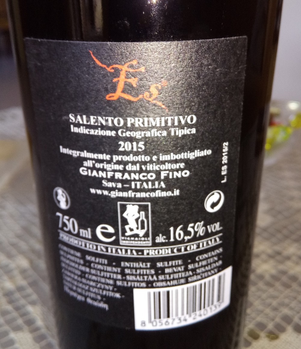 Conttroetichetta Es Salento Primitivo Igt 2015 Gianfranco Fino