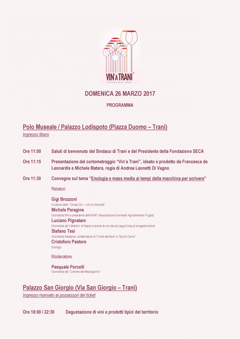 Vin' a Trani 2017, programma