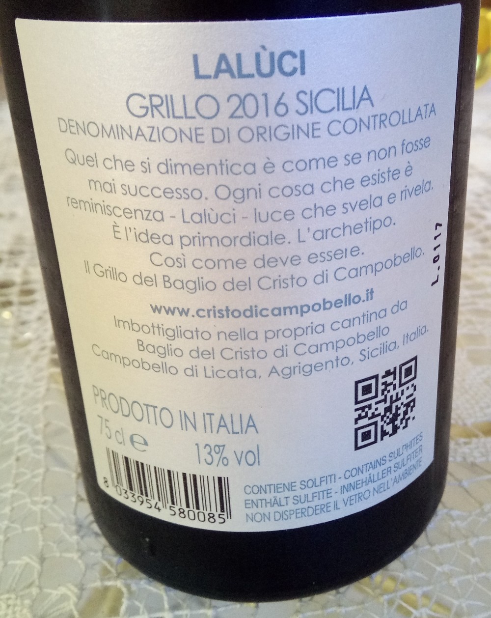 Controetichetta Laluci Grillo Sicilia Doc 2016 Baglio del Cristo di Campobello