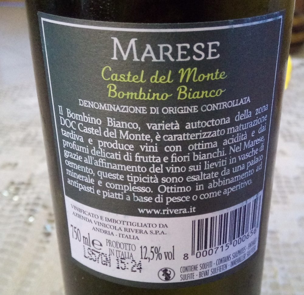 Controetichetta Marese Bombino Bianco Castel del Monte Doc 2016 Rivera