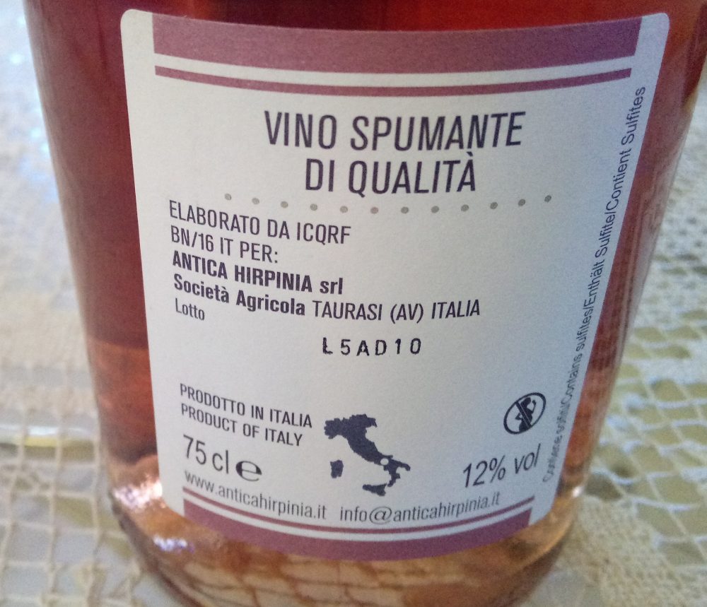 Controetichetta Roserpina Spumante Brut Rosato Antica Hirpinia