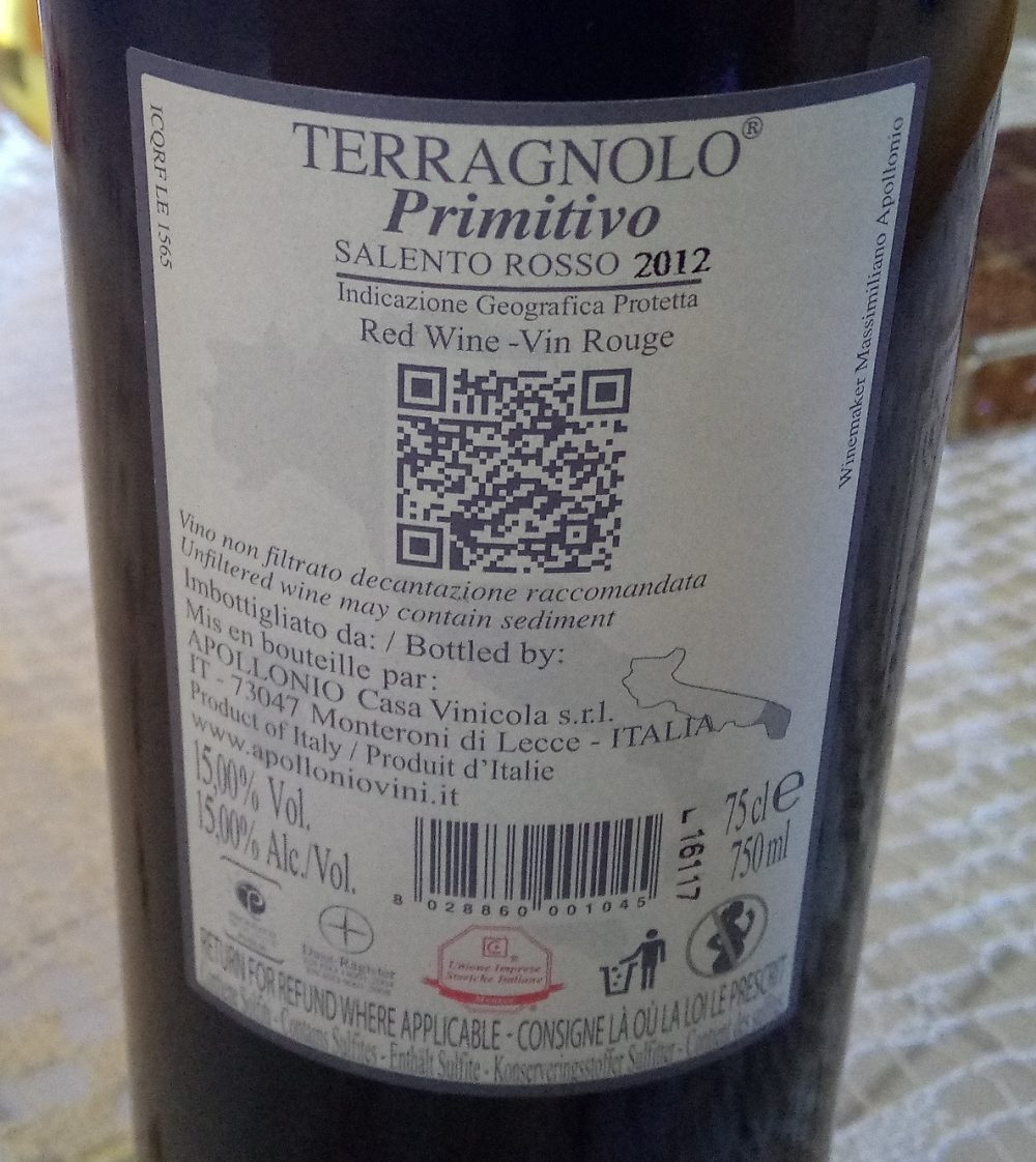 Controetichetta Terragnolo Primitivo Salento Rosso 2012 Apollonio