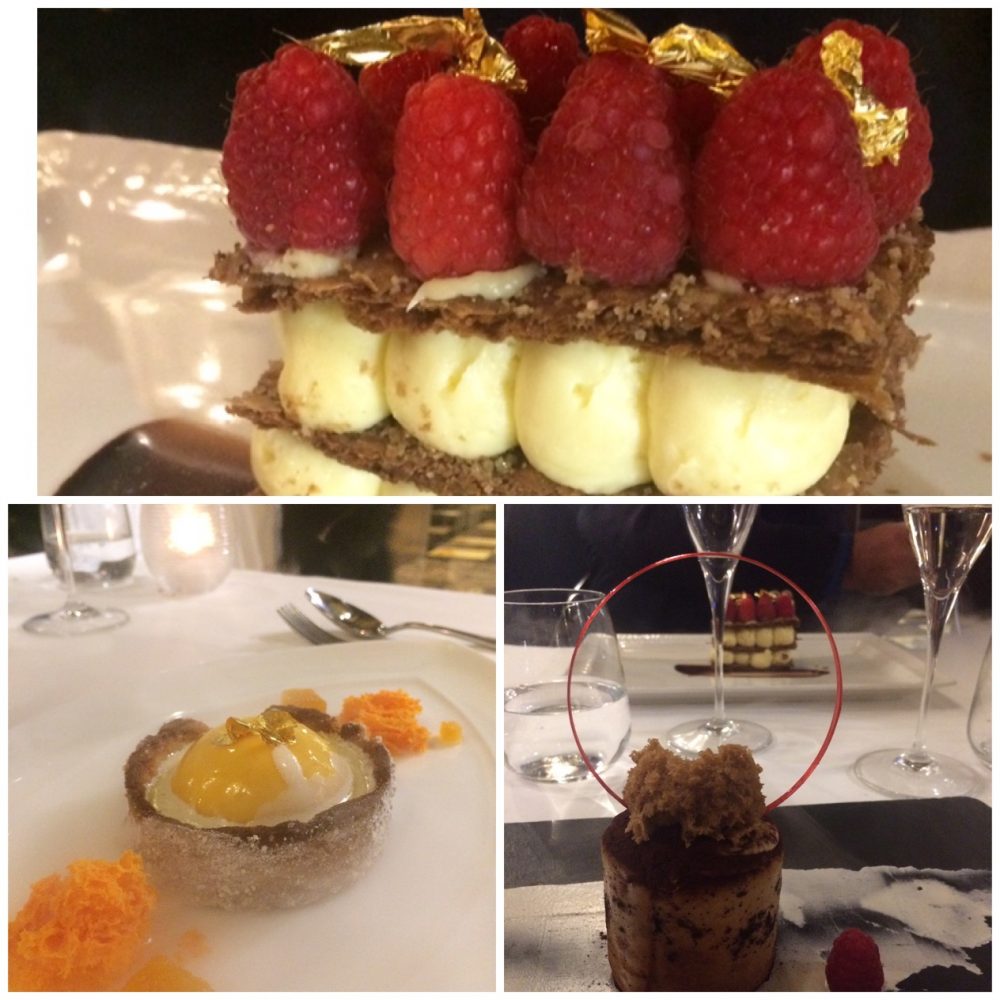 Tazio - Millefoglie al cioccolato, lamponi e foglie d'oro,Tiramisu’, crostatina con sbrisolona di meringa e bavarese di pesche