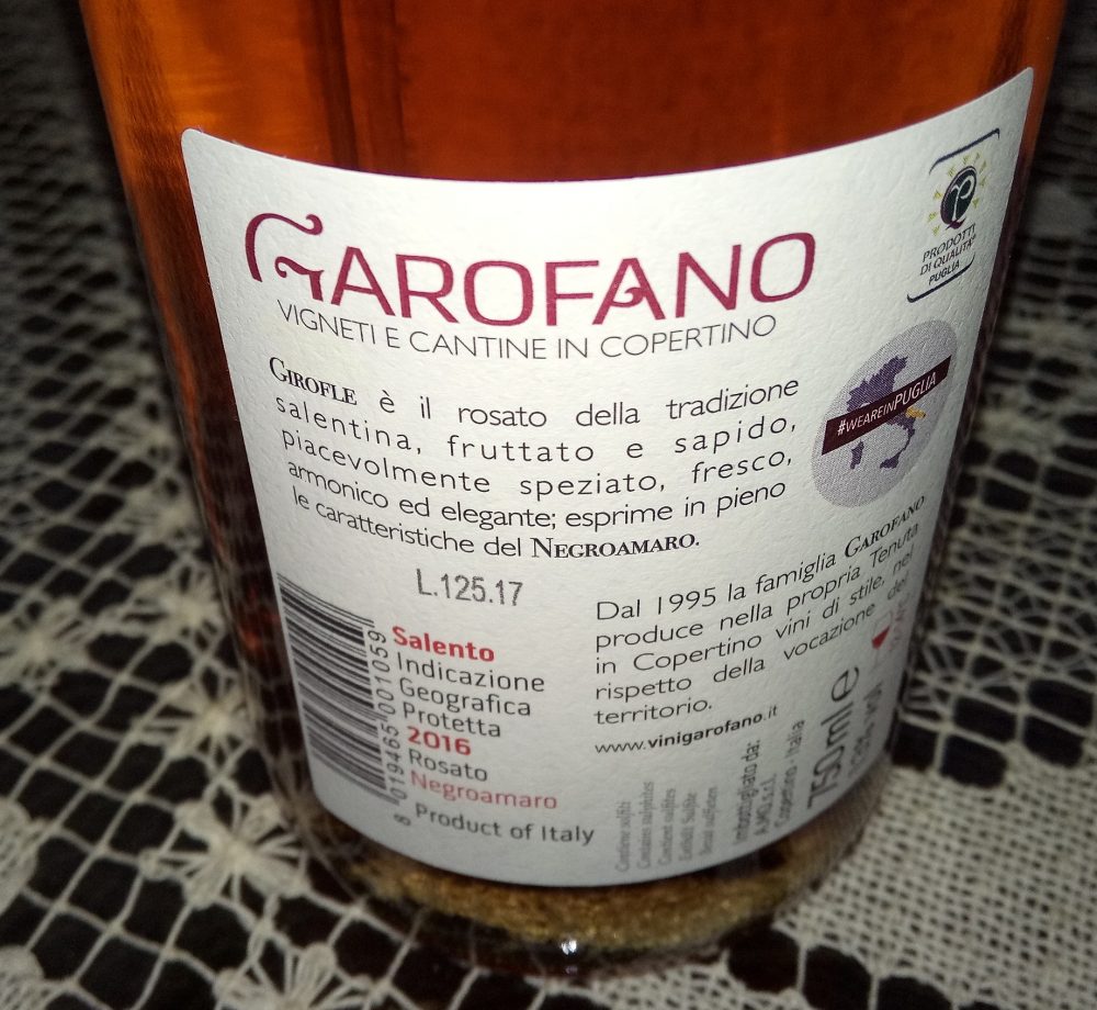 Controetichetta Girofle Negroamaro Rose' Salento Igp 2016 Garofano Vincitore a Radici del Sud 2017